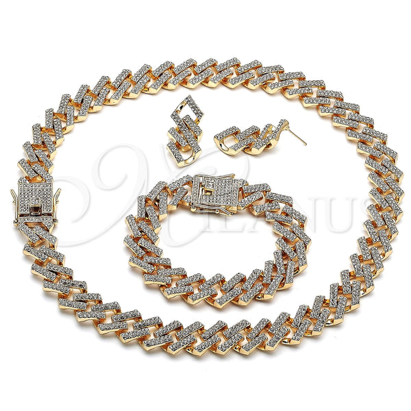 Collar, Pulsera y Dije 06.372.0026 Oro Laminado, Diseño de Miami Cubana, con Blanca Cristal, Pulido, Tono Dorado