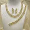 Collar, Pulsera y Dije 06.372.0028 Oro Laminado, Diseño de Miami Cubana, con Blanca Cristal, Pulido, Tono Dorado