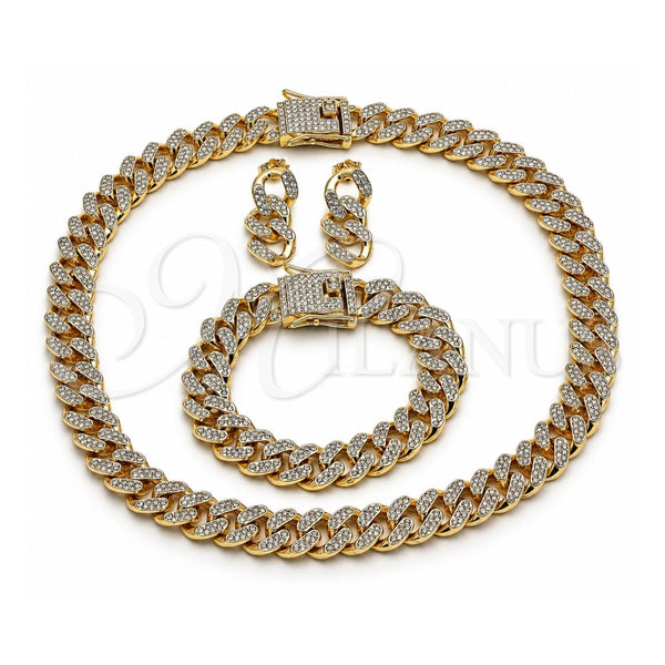 Collar, Pulsera y Dije 06.372.0028 Oro Laminado, Diseño de Miami Cubana, con Cristal Blanca, Pulido, Tono Dorado