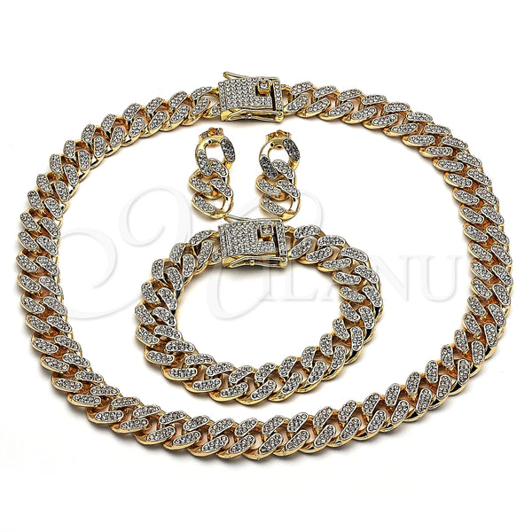Collar, Pulsera y Dije 06.372.0028 Oro Laminado, Diseño de Miami Cubana, con Blanca Cristal, Pulido, Tono Dorado
