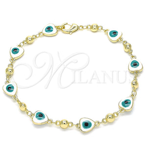 Pulsera Elegante 03.213.0037.08 Oro Laminado, Diseño de Ojo Griego y Corazón, Esmaltado Blanco, Tono Dorado (08 MM Thickness, 8 Inches Length)