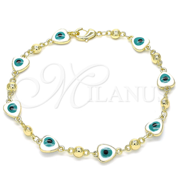 Pulsera Elegante 03.213.0037.08 Oro Laminado, Diseño de Ojo Griego y Corazón, Esmaltado Blanco, Tono Dorado (08 MM Thickness, 8 Inches Length)