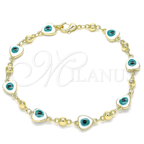 Pulsera Elegante 03.213.0037.08 Oro Laminado, Diseño de Ojo Griego y Corazón, Esmaltado Blanco, Tono Dorado (08 MM Thickness, 8 Inches Length)