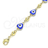 Tobillera Elegante 03.213.0037.2.10 Oro Laminado, Diseño de Ojo Griego y Corazón, Esmaltado Azul, Tono Dorado (08 MM Thickness, 10 Inches Length)