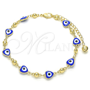 Tobillera Elegante 03.213.0037.2.10 Oro Laminado, Diseño de Ojo Griego y Corazón, Esmaltado Azul, Tono Dorado (08 MM Thickness, 10 Inches Length)