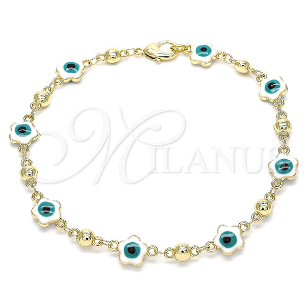 Pulsera Elegante 03.213.0072.3.08 Oro Laminado, Diseño de Ojo Griego y Flor, Esmaltado Blanco, Tono Dorado (Grosor 08 MM, 8 Pulgadas de Largo)