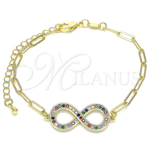 Pulsera Elegante 03.156.0019.1.07 Oro Laminado, Diseño de Infinito y Paperclip, con Multicolor Micro Pave, Pulido, Tono Dorado (03 MM Thickness, 7 Inches Length)