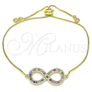 Pulsera Bolo Ajustable 03.156.0022.1.11 Oro Laminado, Diseño de Infinito, con Multicolor Micro Pave and Blanca Zirconia Cubica, Pulido, Tono Dorado (01 MM Thickness, 11 Inches Length)