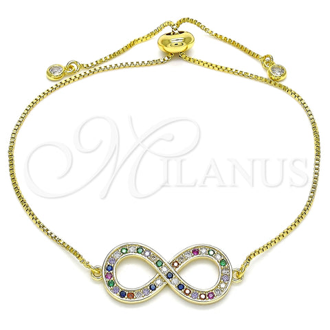 Pulsera Bolo Ajustable 03.156.0022.1.11 Oro Laminado, Diseño de Infinito, con Multicolor Micro Pave and Blanca Zirconia Cubica, Pulido, Tono Dorado (01 MM Thickness, 11 Inches Length)