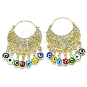 Arete Largo 02.380.0056 Oro Laminado, Diseño de Guadalupe y Ojo Griego, Resinado Multicolor, Tono Dorado