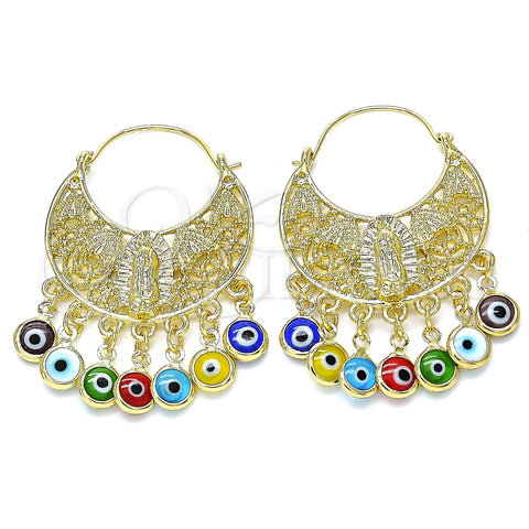 Arete Largo 02.380.0056 Oro Laminado, Diseño de Guadalupe y Ojo Griego, Resinado Multicolor, Tono Dorado