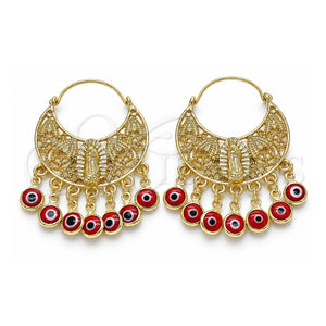 Arete Largo 02.380.0056.1 Oro Laminado, Diseño de Guadalupe y Ojo Griego, Resinado Rojo, Tono Dorado