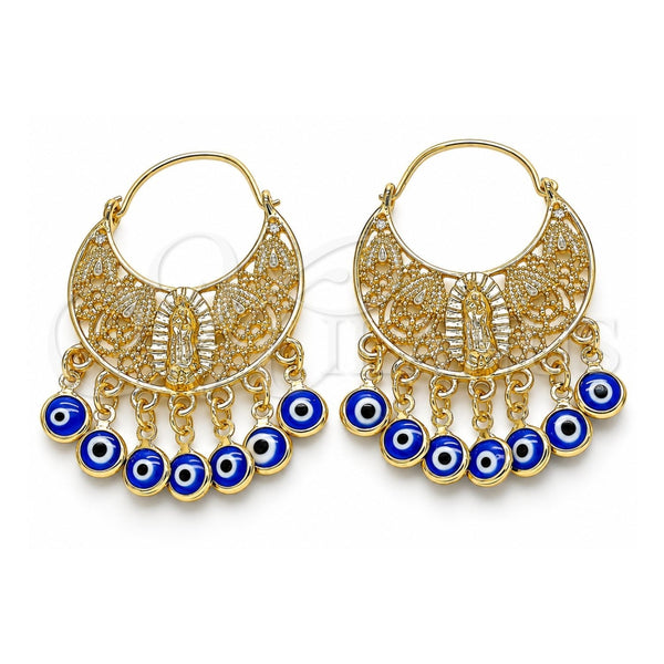 Arete Largo 02.380.0056.2 Oro Laminado, Diseño de Guadalupe y Ojo Griego, Resinado Azul, Tono Dorado