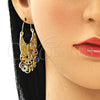Arete Largo 02.380.0057 Oro Laminado, Diseño de Elefante y Ojo Griego, Resinado Multicolor, Tono Dorado