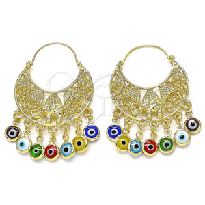 Arete Largo 02.380.0057 Oro Laminado, Diseño de Elefante y Ojo Griego, Resinado Multicolor, Tono Dorado