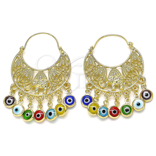 Arete Largo 02.380.0057 Oro Laminado, Diseño de Elefante y Ojo Griego, Resinado Multicolor, Tono Dorado