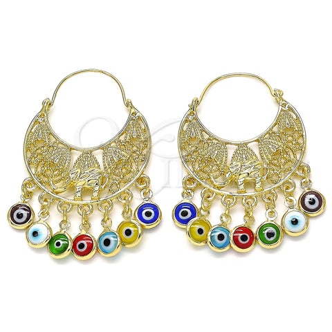 Arete Largo 02.380.0057 Oro Laminado, Diseño de Elefante y Ojo Griego, Resinado Multicolor, Tono Dorado