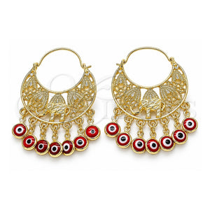 Arete Largo 02.380.0057.1 Oro Laminado, Diseño de Elefante y Ojo Griego, Resinado Rojo, Tono Dorado