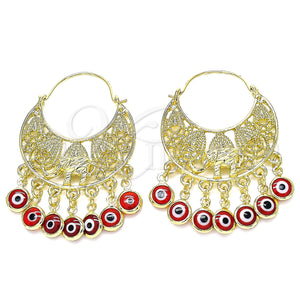 Arete Largo 02.380.0057.1 Oro Laminado, Diseño de Elefante y Ojo Griego, Resinado Rojo, Tono Dorado