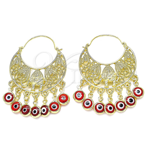 Arete Largo 02.380.0057.1 Oro Laminado, Diseño de Elefante y Ojo Griego, Resinado Rojo, Tono Dorado