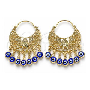 Arete Largo 02.380.0057.2 Oro Laminado, Diseño de Elefante y Ojo Griego, Resinado Azul, Tono Dorado