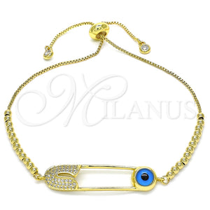 Pulsera Bolo Ajustable 03.313.0032.11 Oro Laminado, Diseño de Ojo Griego y Paperclip, con Blanca Micro Pave, Pulido, Tono Dorado (01 MM Thickness, 11 Inches Length)