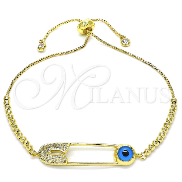 Pulsera Bolo Ajustable 03.313.0032.11 Oro Laminado, Diseño de Ojo Griego y Paperclip, con Blanca Micro Pave, Pulido, Tono Dorado (01 MM Thickness, 11 Inches Length)