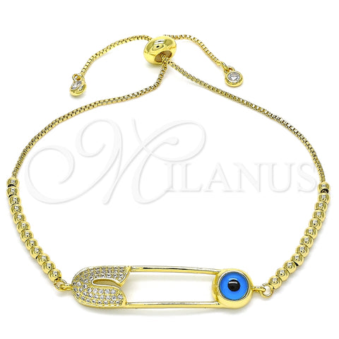 Pulsera Bolo Ajustable 03.313.0032.11 Oro Laminado, Diseño de Ojo Griego y Paperclip, con Blanca Micro Pave, Pulido, Tono Dorado (01 MM Thickness, 11 Inches Length)