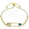 Pulsera Bolo Ajustable 03.313.0032.11 Oro Laminado, Diseño de Ojo Griego y Paperclip, con Blanca Micro Pave, Pulido, Tono Dorado (01 MM Thickness, 11 Inches Length)
