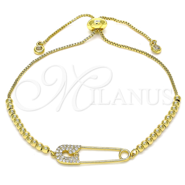 Pulsera Bolo Ajustable 03.313.0034.10 Oro Laminado, Diseño de Paperclip y Bola, con Blanca Micro Pave, Pulido, Tono Dorado (01 MM Thickness, 10 Inches Length)
