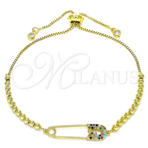 Pulsera Bolo Ajustable 03.313.0034.1.10 Oro Laminado, Diseño de Paperclip y Bola, con Multicolor Micro Pave, Pulido, Tono Dorado (01 MM Thickness, 10 Inches Length)