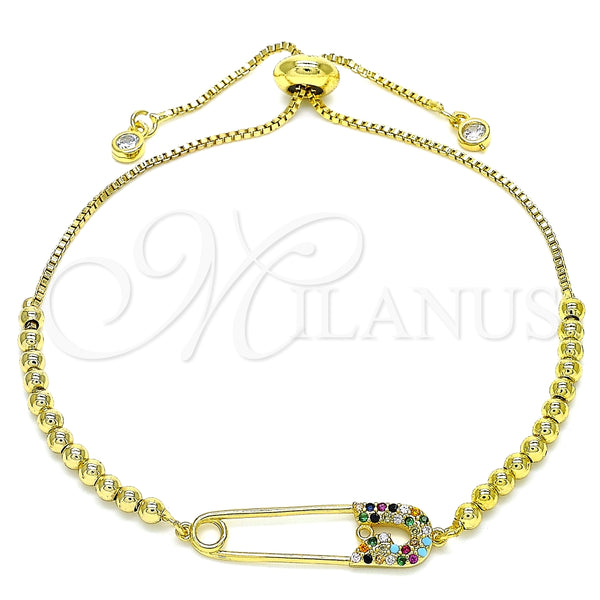 Pulsera Bolo Ajustable 03.313.0034.1.10 Oro Laminado, Diseño de Paperclip y Bola, con Multicolor Micro Pave, Pulido, Tono Dorado (01 MM Thickness, 10 Inches Length)
