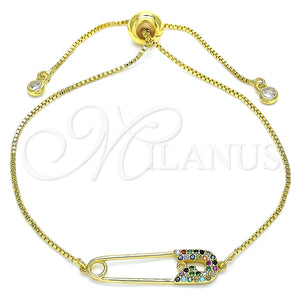 Pulsera Bolo Ajustable 03.313.0036.1.11 Oro Laminado, Diseño de Paperclip, con Multicolor Micro Pave, Pulido, Tono Dorado (01 MM Thickness, 11 Inches Length)
