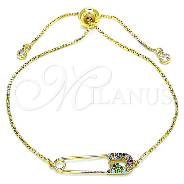 Pulsera Bolo Ajustable 03.313.0036.1.11 Oro Laminado, Diseño de Paperclip, con Multicolor Micro Pave, Pulido, Tono Dorado (01 MM Thickness, 11 Inches Length)