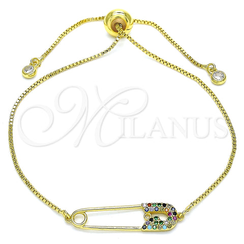 Pulsera Bolo Ajustable 03.313.0036.1.11 Oro Laminado, Diseño de Paperclip, con Multicolor Micro Pave, Pulido, Tono Dorado (01 MM Thickness, 11 Inches Length)