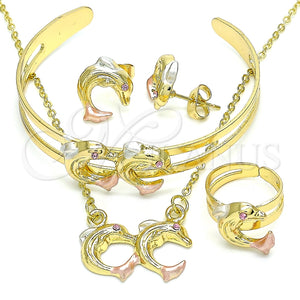 Juego de Arete y Dije de Nino 06.361.0021 Oro Laminado, Diseño de Delfín, con Rosado Cristal, Pulido, Tres Tonos