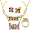 Juego de Arete y Dije de Nino 06.361.0030 Oro Laminado, Diseño de Flor, Esmaltado Multicolor, Tono Dorado