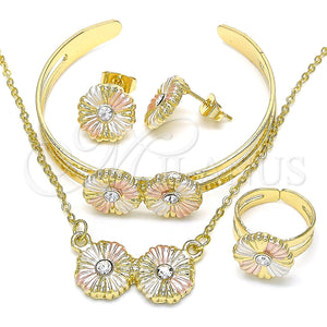 Juego de Arete y Dije de Nino 06.361.0034 Oro Laminado, Diseño de Flor, con Blanca Cristal, Pulido, Tres Tonos