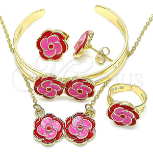 Juego de Arete y Dije de Nino 06.361.0037 Oro Laminado, Diseño de Flor, Esmaltado Rojo, Tono Dorado