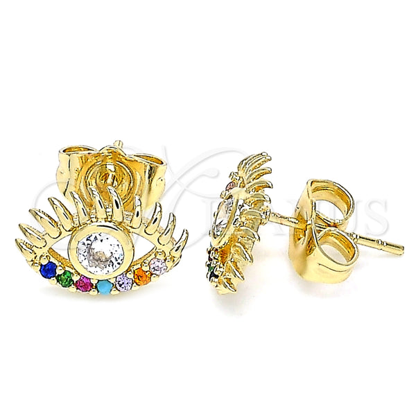 Arete Dormilona 02.210.0463.1 Oro Laminado, Diseño de Ojo Griego, con Blanca Zirconia Cubica and Multicolor Micro Pave, Pulido, Tono Dorado