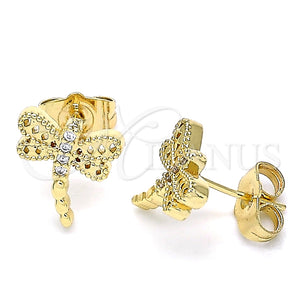 Arete Dormilona 02.210.0465 Oro Laminado, Diseño de Libélula, con Blanca Micro Pave, Pulido, Tono Dorado