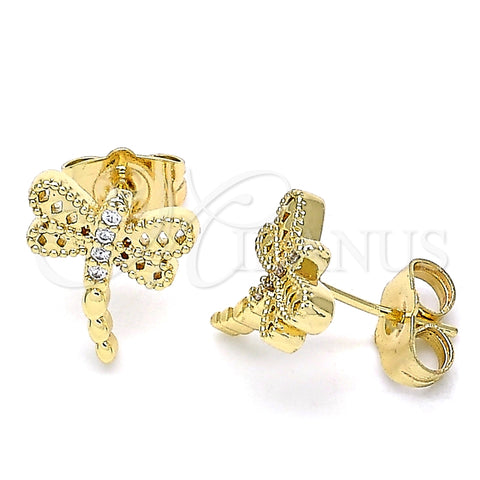 Arete Dormilona 02.210.0465 Oro Laminado, Diseño de Libélula, con Blanca Micro Pave, Pulido, Tono Dorado