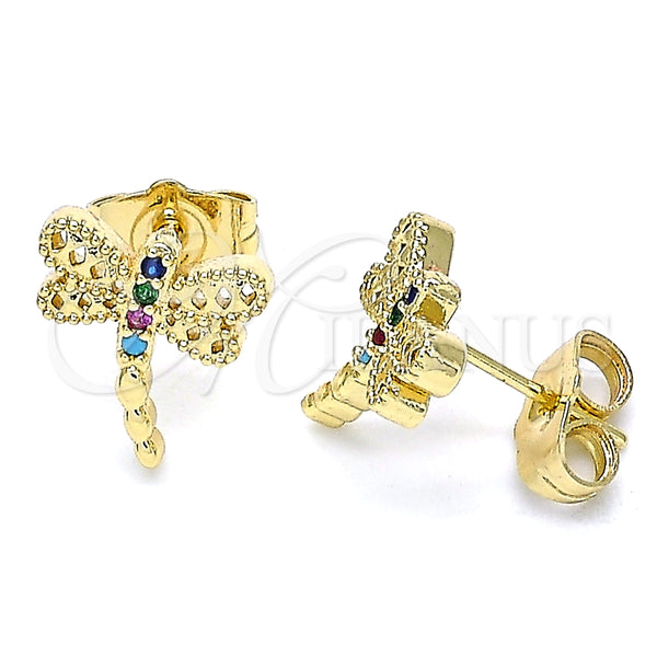 Arete Dormilona 02.210.0465.1 Oro Laminado, Diseño de Libélula, con Multicolor Micro Pave, Pulido, Tono Dorado