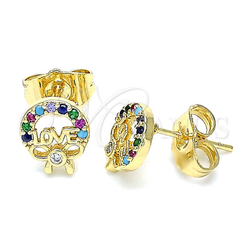 Arete Dormilona 02.210.0466.1 Oro Laminado, Diseño de Amor y Arco, con Multicolor Micro Pave, Pulido, Tono Dorado