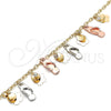 Tobillera de Dije 03.331.0114.10 Oro Laminado, Diseño de Zapato y Flor, con Blanca Cristal, Pulido, Tres Tonos (04 MM Thickness, 10 Inches Length)