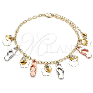 Tobillera de Dije 03.331.0114.10 Oro Laminado, Diseño de Zapato y Flor, con Blanca Cristal, Pulido, Tres Tonos (04 MM Thickness, 10 Inches Length)