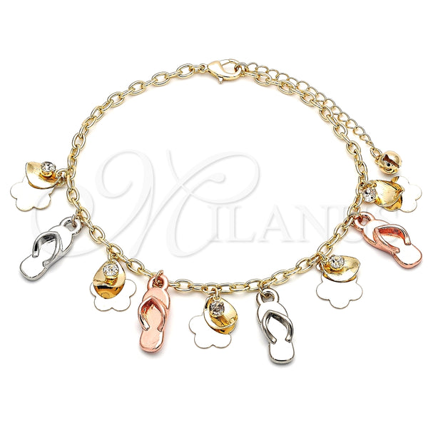 Tobillera de Dije 03.331.0114.10 Oro Laminado, Diseño de Zapato y Flor, con Blanca Cristal, Pulido, Tres Tonos (04 MM Thickness, 10 Inches Length)