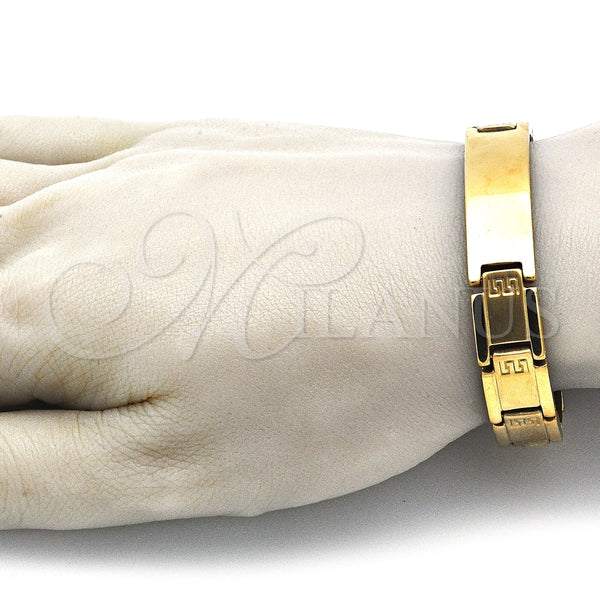 Pulsera Solida 03.114.0342.1.08 Acero Inoxidable, Diseño de Llave Griega, Pulido, Tono Dorado (12 MM Thickness, 8 Inches Length)