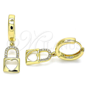 Argolla Huggie 02.341.0076.15 Oro Laminado, Diseño de Candado y Corazón, con Blanca Micro Pave, Pulido, Tono Dorado