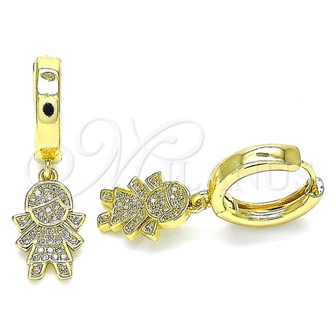 Argolla Huggie 02.341.0081.15 Oro Laminado, Diseño de Niñita Pequeña, con Blanca Micro Pave, Pulido, Tono Dorado